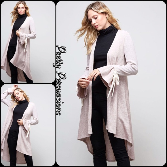Pretty Persuasions Sweaters - Light Mocha Ruffle Bell Sleeve Open Front Cardigan